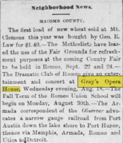 Grays Opera House - Aug 16 1875 Article (newer photo)